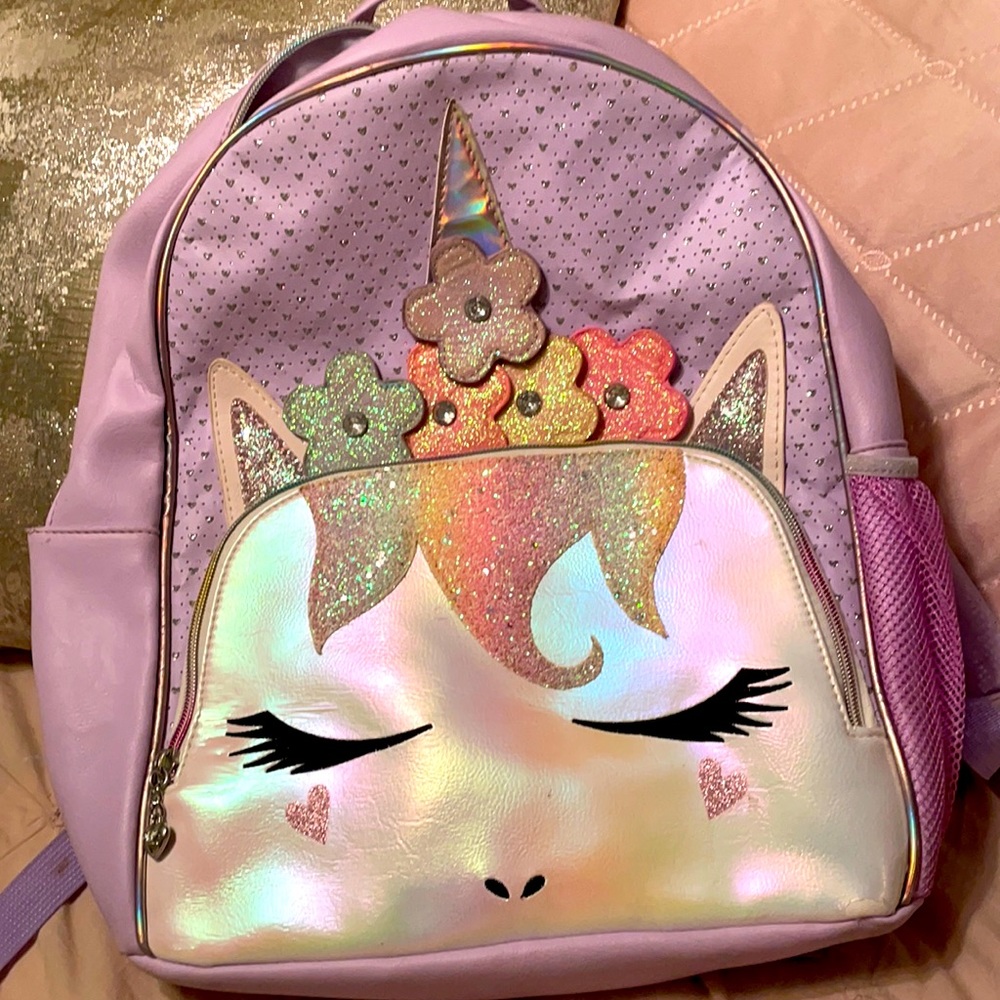 Purple unicorn backpack w/ sparkly glitter flowers & gems. Rainbow zippers.